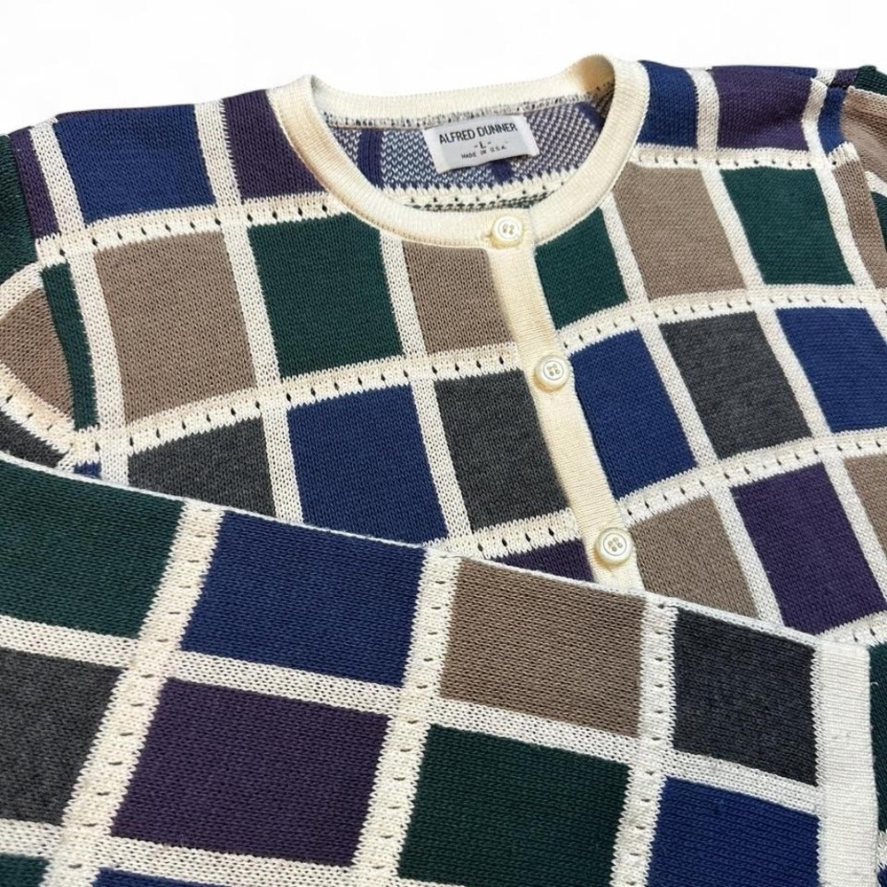 Vintage Alfred dunner multicolor checkered patchwork cardigan sweater large